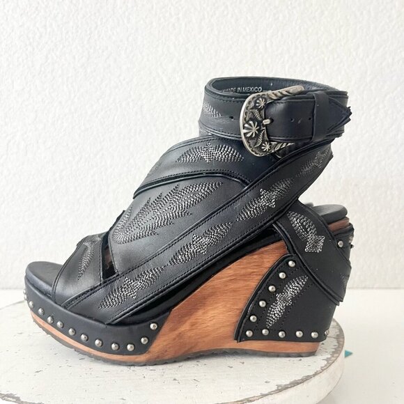 Lane Boots LEXINGTON Womens Black Wedges 8.5 Western Sandals Cowgirl Wooden Heel - Picture 4 of 11